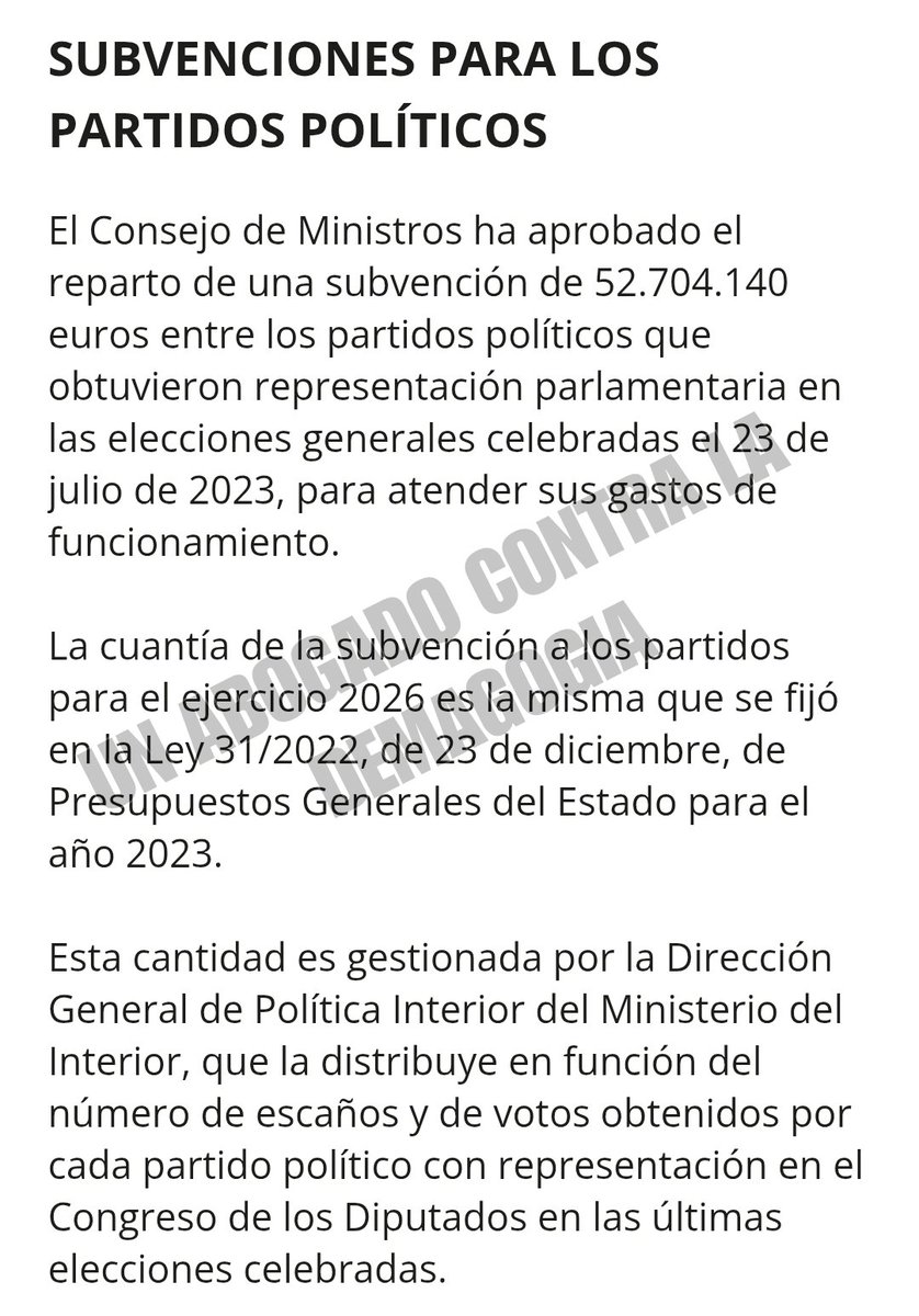 UACD_Youtube's tweet photo. ⚠️TERRIBLE E INDIGNANTE⚠️
BOE DE HOY 27-1-2026.

EL GOBIERNO PUBLICA LAS AYUDAS A LAS VÍCTIMAS DE LAS MASACRES FERROVIARIAS QUE AYER APROBÓ EL GOBIERNO DE PEDRO SÁNCHEZ, COMO LAS DE LOS PARTIDOS POLÍTICOS.

72.121 € POR CADA FALLECIDO EN LOS TRENES.
ESO ES LO QUE TE DA EL GOBIERNO SI HA MUERTO TU PADRE O TU MADRE O TU HIJO.

52.704.000 € PARA LOS PARTIDOS POLÍTICOS.

ES DECIR, SI SU NEGLIGENCIA HA MATADO A UN SER HUMANO QUE AMAS, EL GOBIERNO TE DA LA MÍSERA LIMOSNA DE 72.121€ PARA QUE ENCIMA LES ESTÉS AGRADECIDO.

SI ERES EL PSOE, EL GOBIERNO TE DA CASI 15 MILLONES DE € Y SI ERES EL PP CASI 19 MILLONES.

TODO APROBADO EN EL MISMO CONSEJO DE MINISTROS DE 27-1-2026.

RT Y QUE TODA ESPAÑA LA MAFIA QUE NOS GOBIERNA.

Todo aquí:
https://t.co/eA7Nd9XIxp