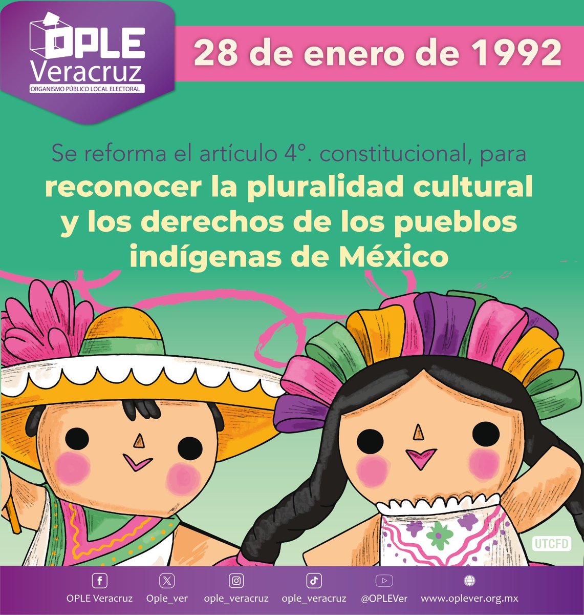 IgualdadOPLE's tweet image. Efemérides #OPLE | ¿Sabías que las leyes mexicanas protegen nuestra composición pluricultural?
El 28 de enero del 1992 se publicó un decreto por el cual se reconoce a México como una nación pluricultural, de la misma forma se reconoció a los pueblos indígenas que aquí habitan.