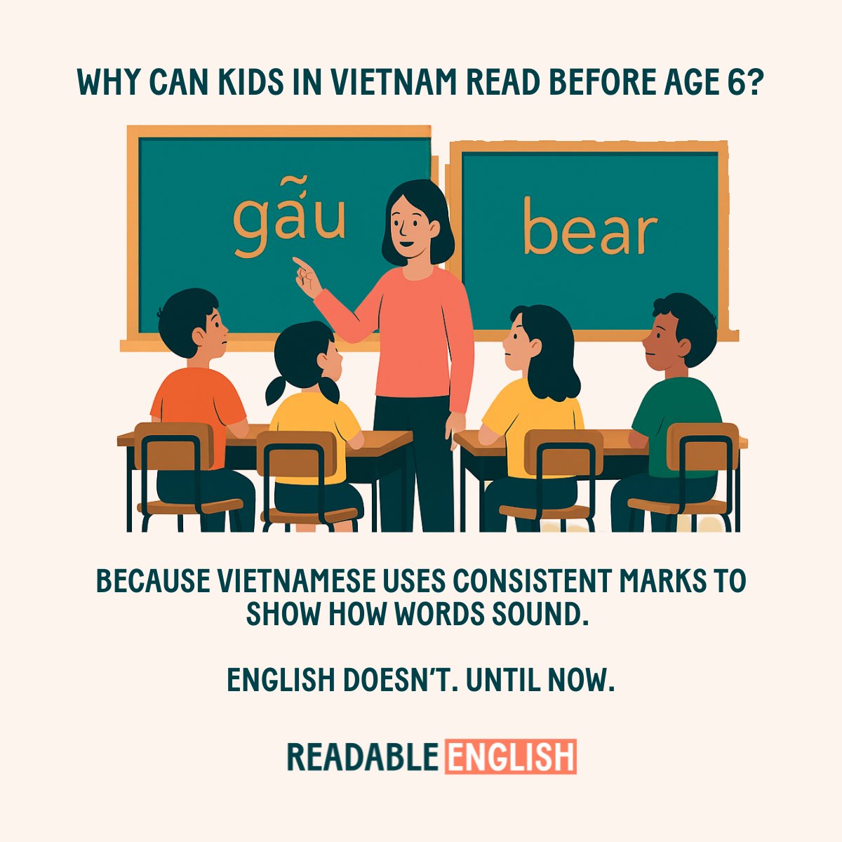 Some languages make reading intuitive from the start.

Vietnamese uses consistent visual marks to show how words sound, so kids can decode with confidence early on.

Readable English brings that same clarity to English.

#learnenglish #learntoread #readingforall