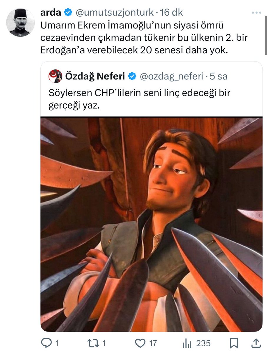 <a href="/umutsuzjonturk/">arda</a> İstediğin etkileşim gelmedi diye mi sildin yoksa haksız yere yatan adama utancından mı. Bence senin tüm gün Türk kürt yazmak haricinde o alay ettiğin TC hukukuyla iyice bi yüzleşmen onun karanlık tarafını canlı şekilde öğrenmen lazım da geleceğine annene babana acıyorum