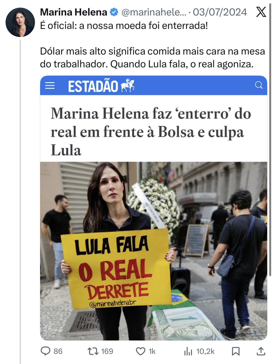 eupresley's tweet image. Aguardando a querida economista @marinahelenabr fazer a “ressurreição” do dólar em frente à Bolsa e culpar o Lula também. 😂