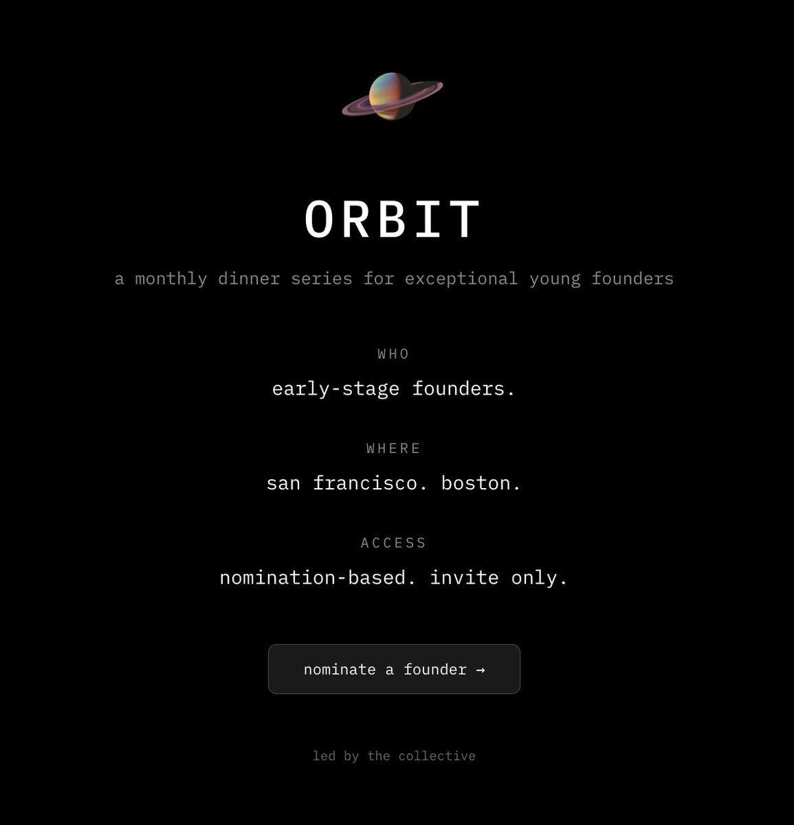 Today, I'm excited to launch Orbit, a monthly SF dinner series for exceptional early stage founders.

The Collective is pumped to work with a world-class partner for this new initiative - <a href="/SusaVentures/">Susa Ventures</a>. Excited to run this with <a href="/shaheersan/">Shaheer</a>.

Billion-dollar companies don’t come
