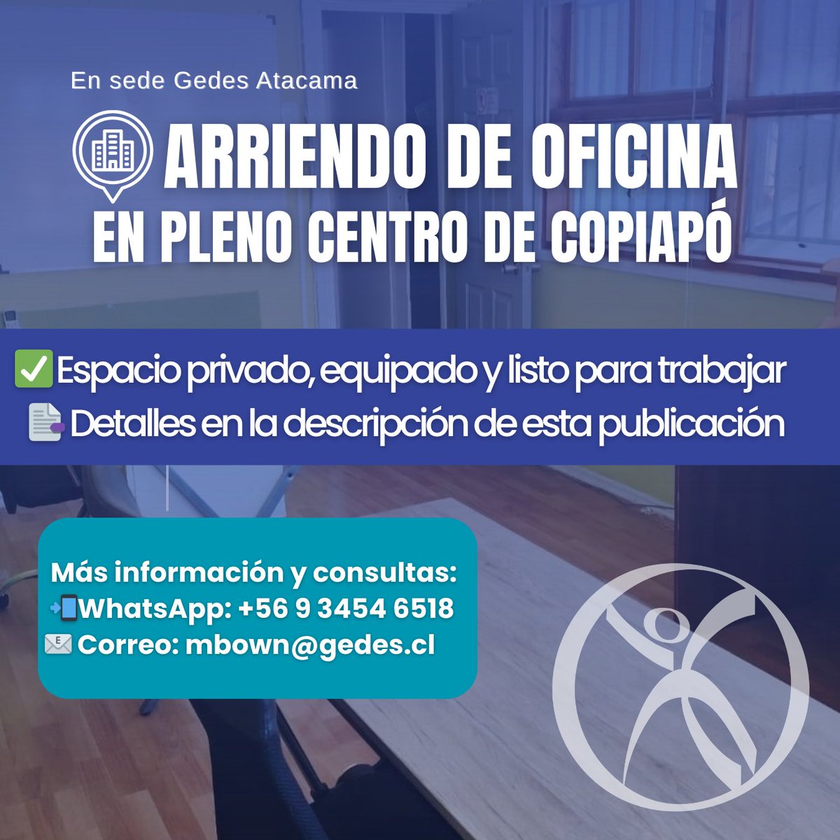 Arriendo de oficina privada en pleno centro de Copiapó.
Espacio equipado y listo para trabajar.
📲 +56 9 3454 6518 | 📧 mbown@gedes.cl