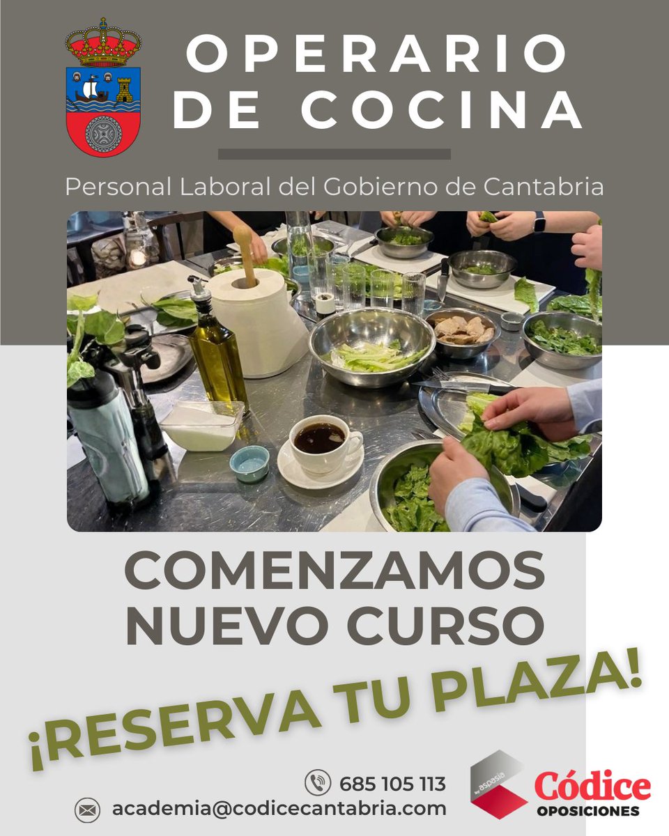 📢 ¡Iniciamos grupo para preparar la #oposicion de operario de #cocina !

👩‍🏫 Modalidad presencial u 💻 online + 🎥 grabaciones
📚 Temario propio elaborado por nuestro equipo de preparadores 🔝

⏱ ¡Matricúlate en una academia líder! 
#personallaboralgobiernodecantabria
