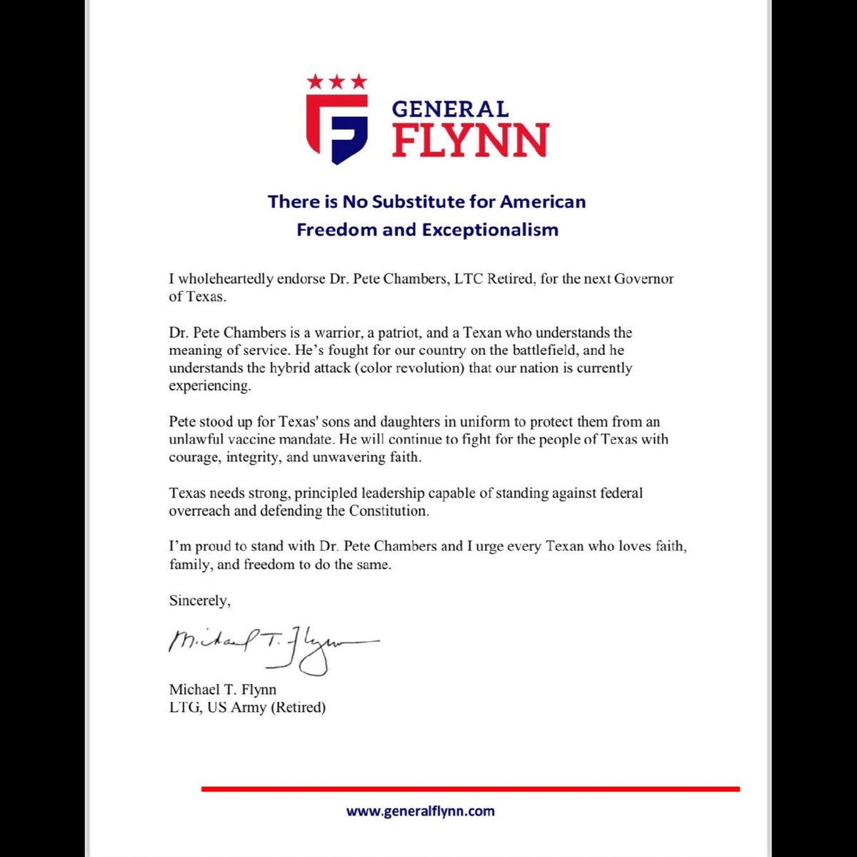 DocPete4Texas's tweet image. 🚨Big Endorsement🚨

Doc Pete Chambers has just received a powerful endorsement from LTG (Ret) Michael Flynn for Governor of Texas!

General Flynn, a true patriot who knows the battles we face firsthand, recognizes Doc's unwavering commitment to securing our borders, defending…