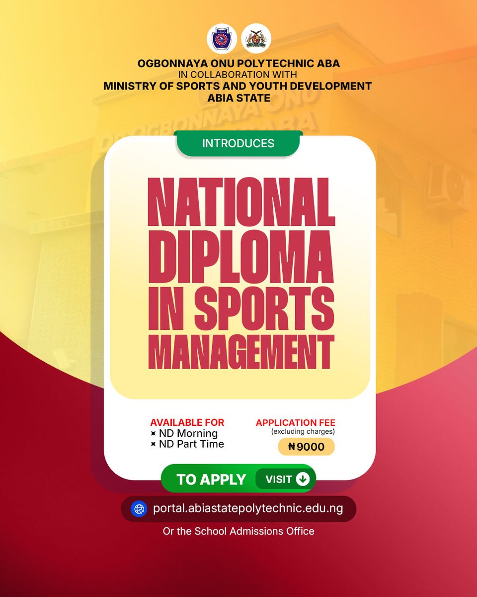 rayvocate's tweet photo. As we continue to strengthen our sports ecosystem, it has become important for us to embed these values through education. Beyond physical excellence, our sportsmen and women must also be equipped with knowledge, structure, and certification in sports administration and management.

On this note, I am pleased to announce the introduction of the National Diploma in Sports Management, offered by Ogbonnaya Onu Polytechnic, Aba, in collaboration with the Ministry of Sports and Youth Development.

The programme is available for ND Morning and ND Part Time applicants.

Application Fee: ₦9,000 (excluding bank charges)

Interested candidates can apply via https://t.co/fkRxAlp5yT or visit the School Admissions Office. Or call 08034272172 or 07050451868

This is another step toward building a more professional, sustainable, and globally competitive sports industry.