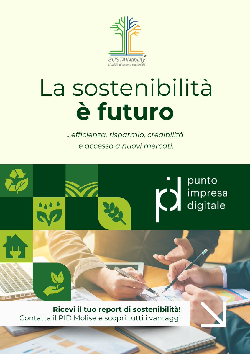 Sostenibilità d’impresa: da dove partire? 🤔 
🚀 Il PID Molise è al fianco delle imprese nel percorso verso la sostenibilità, offrendo supporto in ambito ambientale, sociale e di governance (ESG). 
Scopri come ottenere un report personalizzato 👉 shorturl.at/XkuC3