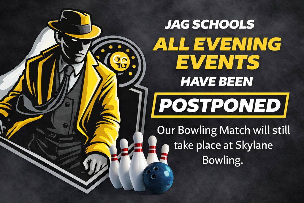 All evening events postponed on campus.  Bowling match will still take place at Skylanes.