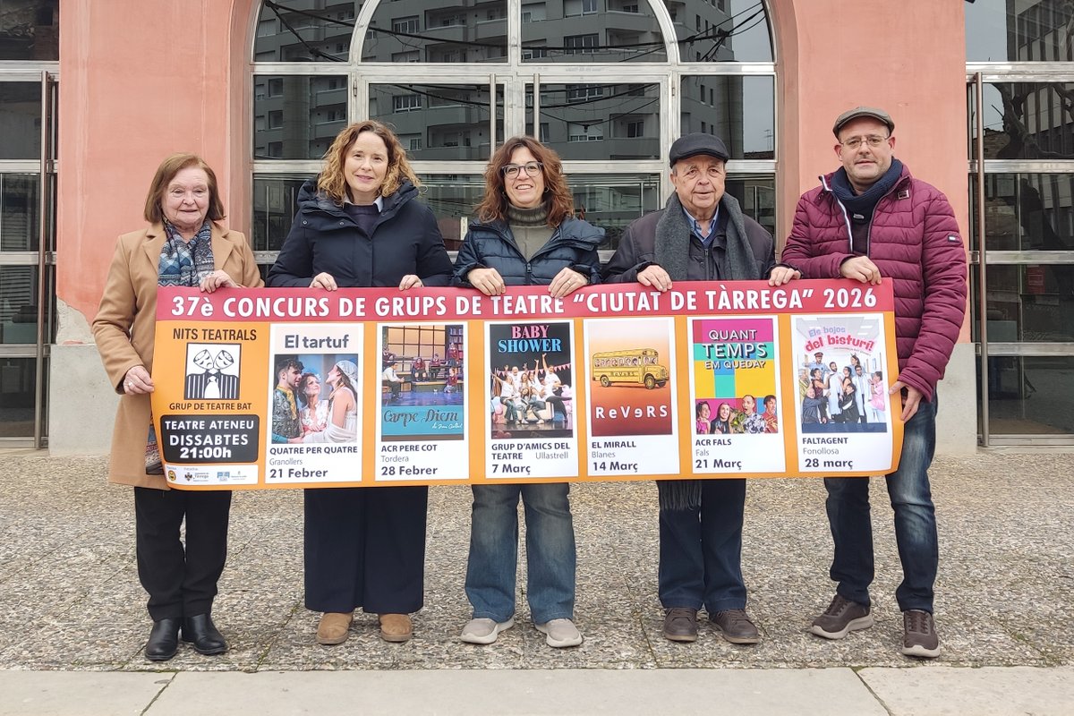 🎭 Presentem el 37è Concurs de Grups de Teatre Ciutat de #Tàrrega, del 21 de febrer al 28 de març al Teatre Ateneu

🙌 Certamen organitzat per <a href="/batteatre/">BatTeatre</a> amb suport de <a href="/culturatarrega/">Cultura Tàrrega</a> que porta sis companyies procedents de Granollers, Tordera, Ullastrell, Blanes, Fals i Fonollosa
