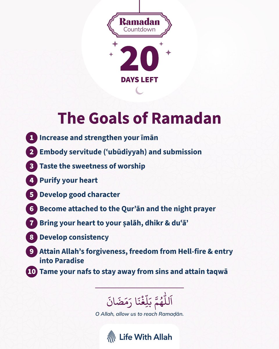 alifewithallah's tweet image. ⏰ #RamadanCountdown – 20 Days Remain

Article: Set Your Goals for #Ramadan

As people seeking the pleasure of Allah and Paradise, Ramaḍān is the ‘dream project’ that has landed effortlessly on our desks. In order to prepare a plan that will help us successfully complete this…