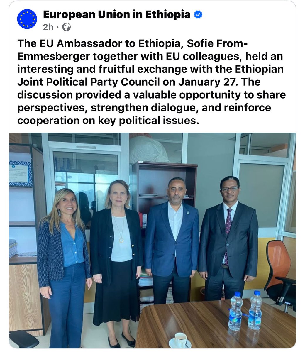 The EU Ambassador’s meeting with Dr. Abdilkadir Adem ( FEP Chairman) and Minister Meles Alemu isn't just a courtesy call—it’s a signal of Ethiopia’s shifting political trajectory.
<a href="/AbiyAhmedAli/">Abiy Ahmed Ali 🇪🇹</a> 
<a href="/RedwanHussien/">Redwan Hussien</a> 
<a href="/Mustafe_M_Omer/">Mustafe M. Omer</a> 
<a href="/Ibrahim_O_Farah/">Ibrahim Ousman Farah</a>