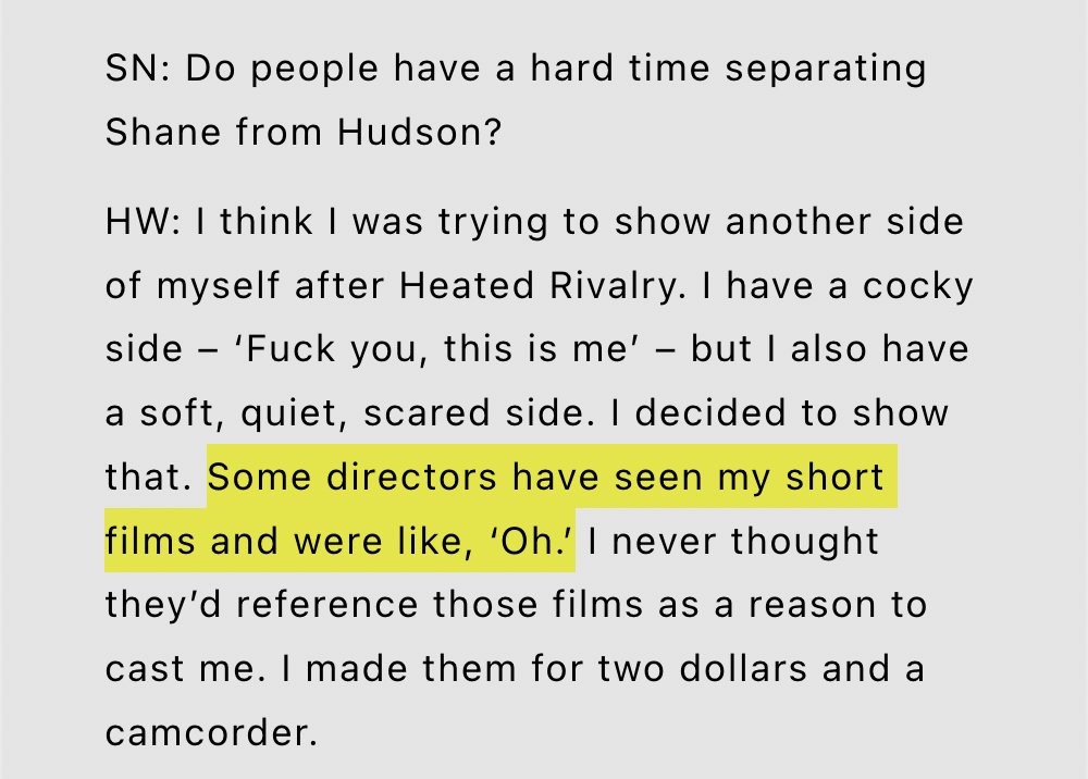 pinkstape's tweet image. last thing but this is crazy!!!!!! directors who want to cast him going out of their way to watch the indie shorts hudson made with his film school friends....