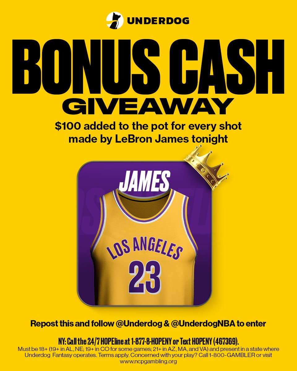 Underdog's tweet image. 🚨 BONUS CASH GIVEAWAY 🚨

The King's last game in Cleveland?

We're adding $100 to the pot for every shot made by LeBron James tonight 💰

To enter...
1⃣ Repost this
2⃣ Follow us @Underdog
3⃣ Follow @UnderdogNBA
