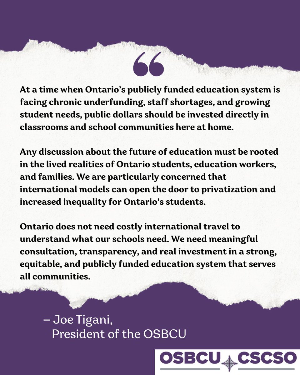 osbcucscso's tweet image. Minister Calandra’s trip to England raises serious concerns. At a time of chronic underfunding in Ontario’s publicly funded schools, public dollars should be spent supporting students and education workers here at home—not on international travel.
#OSBCU #CUPE