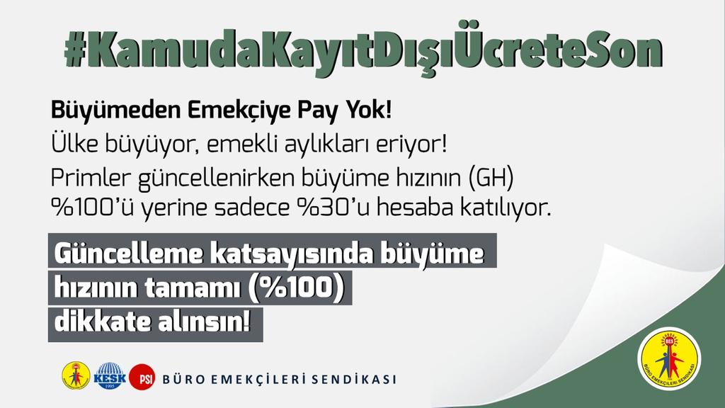 Ülke büyüyorsa emekli aylıkları neden düşüyor? 
5510 ile emekli aylıklarını o kadar düşürdüler ki EYT ile 3 Milyon yeni emekli olmasına rağmen 
Sosyal Güvenlik Kurumunun Emekli aylıklarını karşılama oranı yükseldi.

#KamudaKayıtdışıÜcreteSon