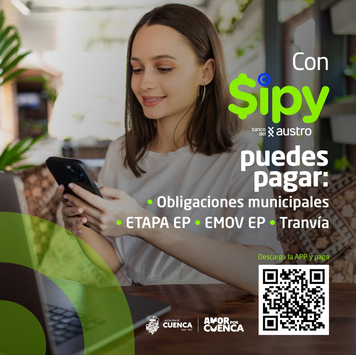 MunicipioCuenca's tweet image. ¡Paga tus servicios municipales de manera fácil, rápida y sin salir de casa! 📲

Con la app #Sipy puedes pagar servicios de: @ETAPAOficial, @emov_ep y hasta tu pasaje del @Tranvia_Cuenca… ¡todo desde tu celular!

Descárgala ahora: play.google.com/store/apps/det…

#AmorPorCuenca ❤️💛