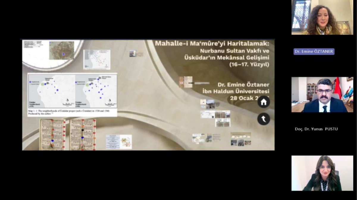 Çevrim içi gerçekleştirilen Dijital Tarih ve Tarihî Coğrafya Konferanslarımızın onuncu konuğu “Mahalle-i Ma‘mûre’yi Haritalamak: Nurbanu Sultan Vakfı ve Üsküdar’ın Mekânsal Gelişimi (16–17. Yüzyıl)” başlıklı konuşmasıyla Dr. Emine Öztaner  oldu. 
#DijitalTarih 
#TarihiCoğrafya