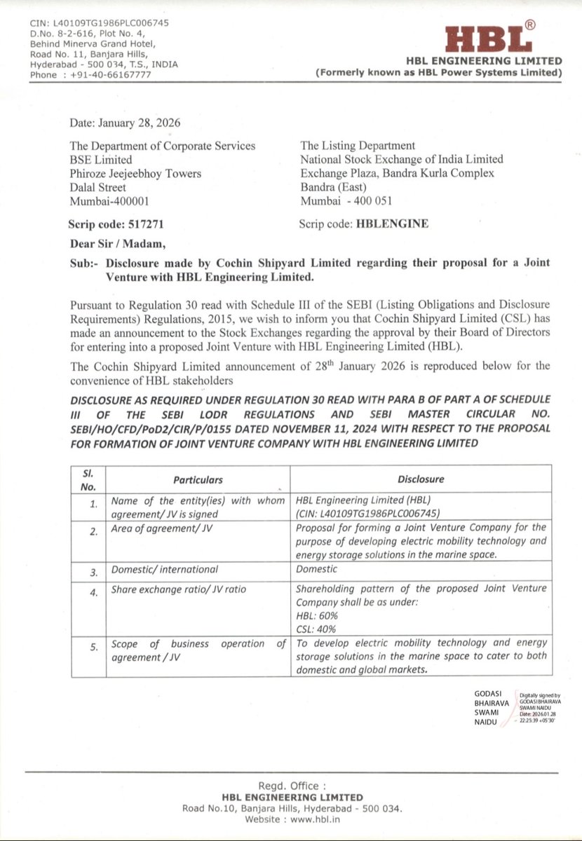 investrohit's tweet photo. HBL Engineering Limited (formerly HBL Power Systems) and Cochin Shipyard Limited have officially announced a Joint Venture to develop electric mobility technology and energy storage solutions for the marine sector. #HBL #Cochinshipyard
#jointventure #nifty #ev #stocksmarkets https://t.co/wvHdQf9nU4