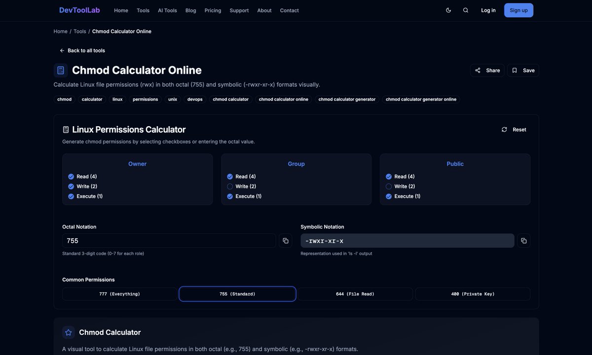 devtoollab's tweet photo. 🔧 New on DevToolLab!
CHMOD Calculator to convert numeric ↔ symbolic permissions instantly.
No guesswork, just clear Linux file permissions 🚀

👉 https://t.co/WBF5Nf3YX8

#DevToolLab #Linux #DevOps #CHMOD #WebTools https://t.co/QylQRKL73C