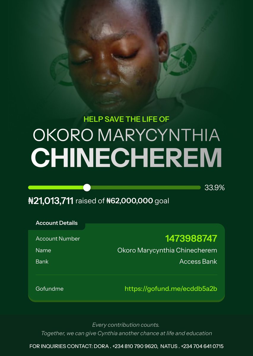 Day 55 of asking the world to help save Marycynthia's life. 

Marycynthia is a vibrant 23 year old lady and a 300 level Law student at UNEC whose dreams have been put on hold by a diagnosis of Non-Hodgkin Lymphoma(a variety of blood cancer)and her best chance at survival is a