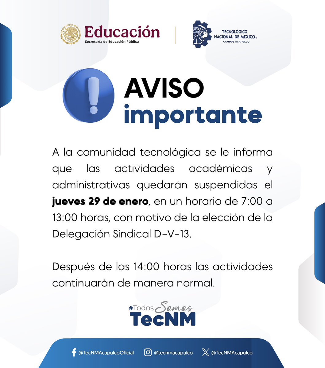 📣 A la comunidad tecnológica se le informa que las actividades académicas y administrativas se suspenden el jueves 29 de enero, de 7:00 a 13:00 horas, con motivo de la elección de la Delegación Sindical D-V-13.

Después de las 14:00 horas las clases continuarán de manera normal.