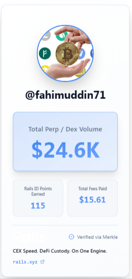 fahimuddin71's tweet photo. Claimed my Rails ID. 115 Rails ID Points already locked in from my 24.6K total DEX volume.

The next step is starting an evaluation on Rails Play, the newest perps training ground from @rails_xyz, to earn boosted rewards.

Get your Rails ID: https://t.co/PDoc7CP0Ll https://t.co/u0xcxoH51g