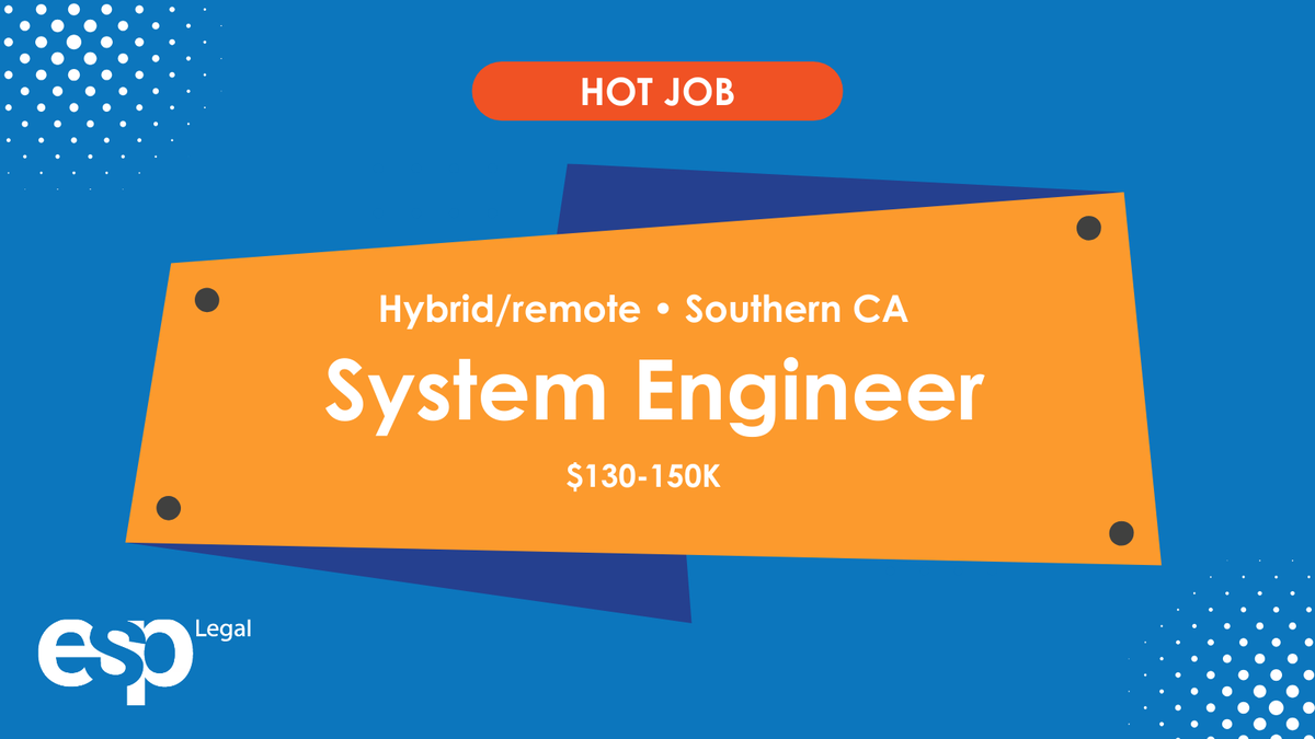 ESPLegal's tweet photo. Hot job: System Engineer; Hybrid/Remote; Southern CA.

Deploy cutting-edge Microsoft 365 features, oversee system updates &amp; patches, &amp; troubleshoot complex technical issues, while collaborating with a talented team. 

Apply: careers@esplegal.com or https://t.co/YI1eRCct25. https://t.co/AOTkKGhFKW