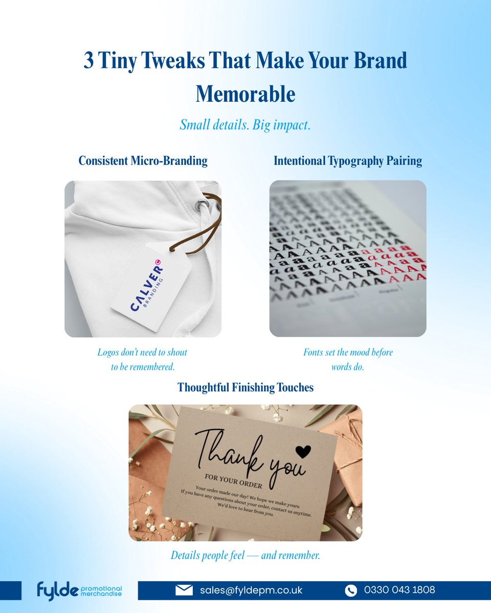 Memorable brands aren’t loud — they’re intentional.

3 tiny design tweaks that make a big impact:
✔️ Consistent micro-branding
✔️ Thoughtful typography
✔️ Meaningful finishing touches

Details create recall.
#Branding #DesignDetails #FyldePromotionalMerchandise