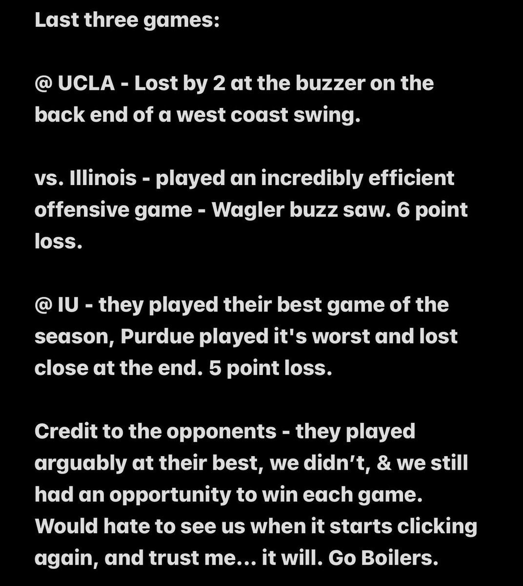 RyneSmith_'s tweet photo. Seems like everyone is in a shitty mood, so:

Pissed off? Absolutely... myself included. That's what makes us the best and most passionate fans in the country.

But don't be the one doubting this staff &amp; team on 1/28 with 10 Big Ten games left to play.

#BoilerUP and LFG! 🚂🔋📈 https://t.co/fbrFGH4xH9
