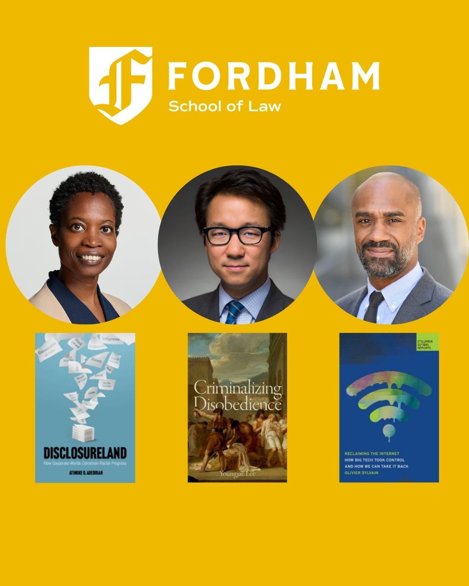 📚 Faculty book alert 📚

Fordham Law Profs. Atinuke Adideran (<a href="/ProfAdediranT/">Tinu Adediran</a>), Youngjae Lee (<a href="/_jaelee/">Youngjae Lee</a>), &amp; Olivier Sylvain (<a href="/oliviersylvain/">Olivier Sylvain</a>) have written books on topics including corporate racial equity, criminal law, and the laws governing Big Tech.

📝: news.law.fordham.edu/blog/2026/01/1…