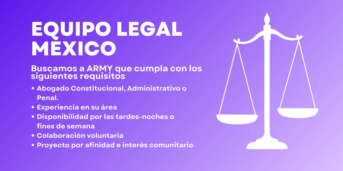⚖️ EQUIPO LEGAL MÉXICO ⚖️

Convocatoria para integrar equipo jurídico

Buscamos abogados(as) para colaborar en ‘Equipo Legal México’, un proyecto para defender los intereses de nuestra comunidad.

Perfiles de interés:
 • Derecho Constitucional
 • Derecho Administrativo
 •