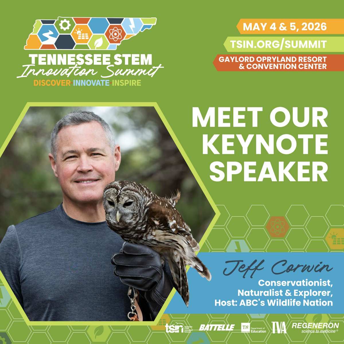theTSIN's tweet photo. Jeff Corwin is keynoting the 2026 TN STEM Innovation Summit! 

Registration goes live Mon, Feb. 2. Join us May 4–5 to build STEM capacity, prepare tomorrow’s workforce, and connect TN’s STEM ecosystem. Set a reminder; secure your spot: https://t.co/yGtiGE8UVH #TNSTEMSummit @TNedu https://t.co/6PegSJjj2d