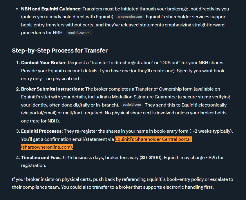 MMTLP

In my post that explains Grok's view on transferring to the transfer agent in a way that does not require physical certificates, IT IS IMPORTANT THAT I STRESS THE TEXT HIGHLIGHTED IN THE RED BOX IN PICTURE 3 (OF THE QUOTED POST)!! 
BEFORE YOU DO ANYTHING, GATHER