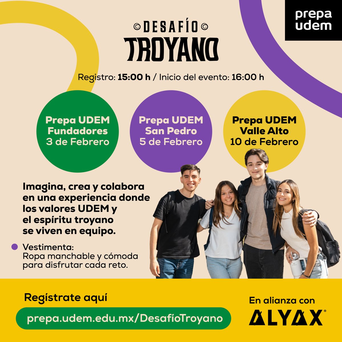 ¡Llega Desafío Troyano!

Prepárate para enfrentar retos, trabajar en comunidad y pasarla increíble. Imagina, crea y colabora en equipo. 💪

📍 Fundadores: 3 de febrero
📍 San Pedro: 5 de febrero
📍 Valle Alto: 10 de febrero

👉 Regístrate aquí:
bit.ly/3NIKRol