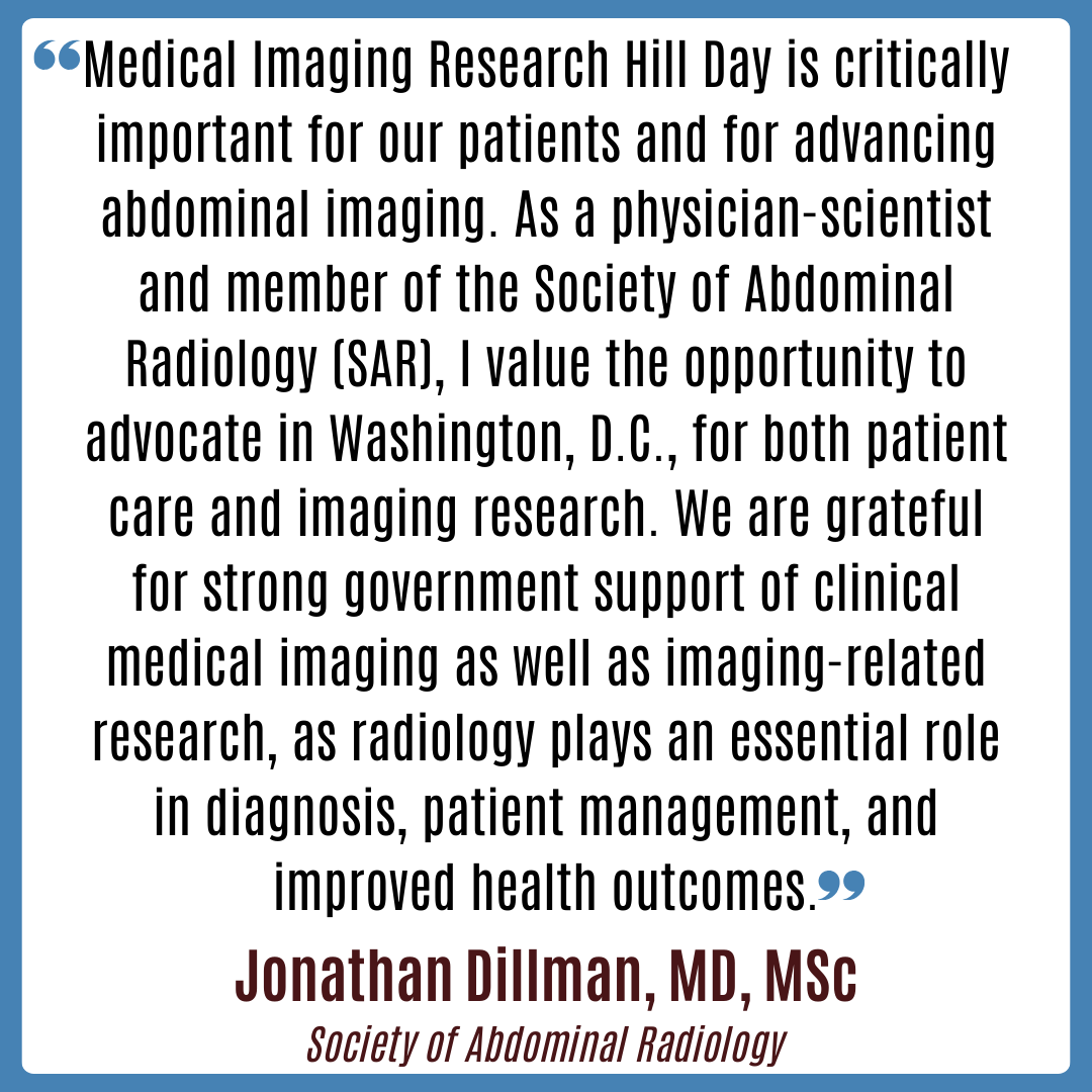 AcadRad's tweet image. Dr. Jonathan Dillman, representing SAR, highlights the value of the upcoming #FutureOfHealth Medical Imaging Research Hill Day. We are looking forward to SAR's participation in this day of education and advocacy! Visit bit.ly/3ZyTULa to learn more.