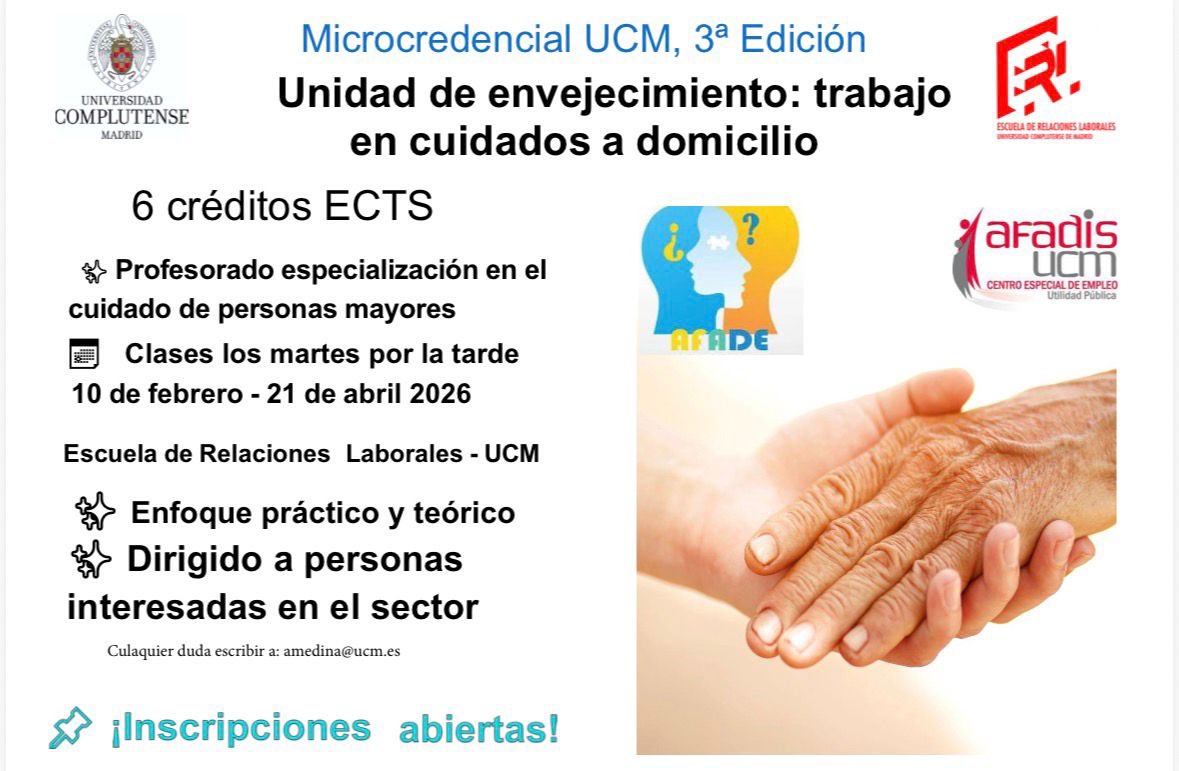 Comenzamos este 2026 la 3ª edición de la Microcredencial UCM de formación *Unidad de envejecimiento: trabajo en cuidados a domicilio* 🤝👩‍🎓👨‍🎓👏ucm.es/estudios/2025-…

👇