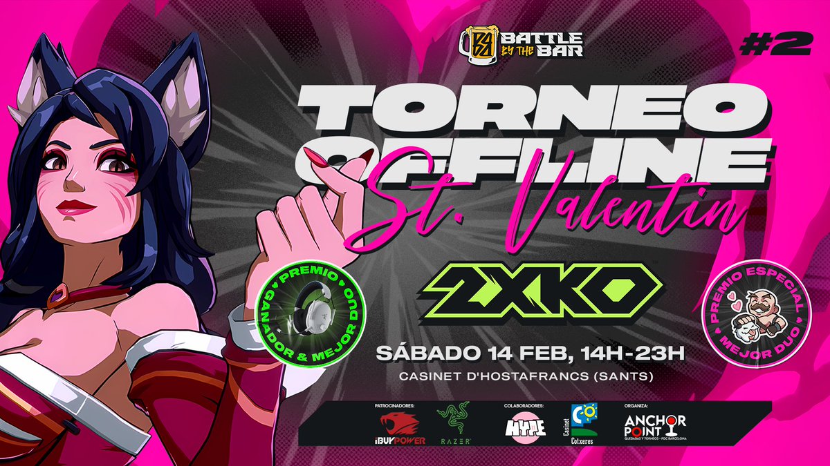 Vuelve el Battle by the Bar a Barcelona🔥🔥🔥

El sábado 14 de Febrero ven al Casinet d'Hostafrancs a jugar OFFLINE 2XKO

👥Formato MIXTO
⚔️128 Participantes
🎮PS5

Menú cena opcional de la mano de Hype 
Premios cortesía de <a href="/RazerES/">R Λ Z Ξ R 🇪🇸</a> 

INSCRIPCIONES ABIERTAS👇👇👇

#BBB2Casinet