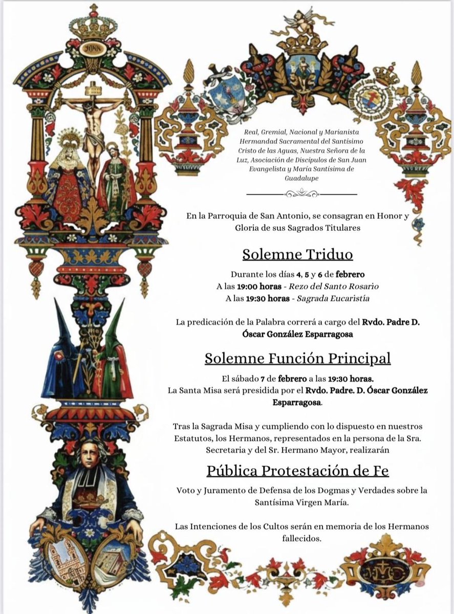 HdadAguasCadiz's tweet image. Solemne Triduo y Función Principal de Instituto.

Celebraremos los días 4, 5 y 6 de febrero el Triduo en honor a Nuestros Amantísimos Titulares, concluyendo el día 7 con la Función Principal.

La predicación de la Palabra será a cargo del Rvdo. Padre D. Óscar González Esparragosa
