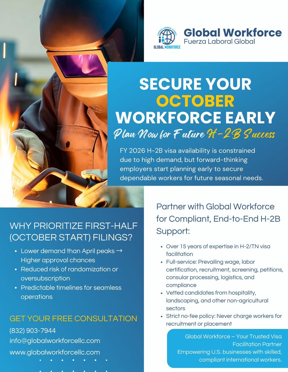 GlobalWorkLLC's tweet image. The FY 2026 H-2B cap periods are highly competitive and limited due to exceptional demand, but proactive employers prepare now for reliable seasonal labor in upcoming fiscal years.

DM us.
#H2B #SeasonalHiring #TemporaryWorkforce #ImmigrationCompliance