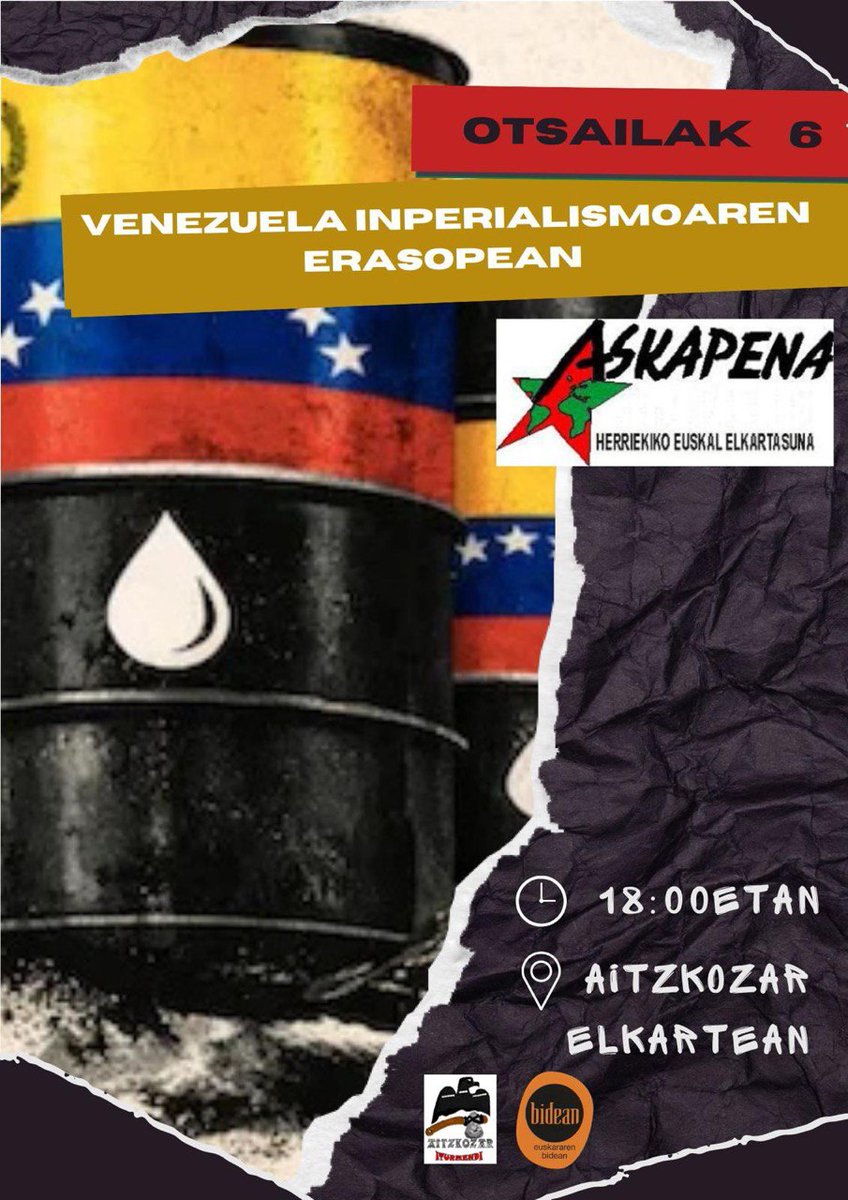 🇻🇪Otsailaren 6an ostirala, hitzaldia Iturmendin, animatu!
#VenezuelaAurrera
#YankiakKanpora 
#GoraProzesuBolibartarra ✊🏿