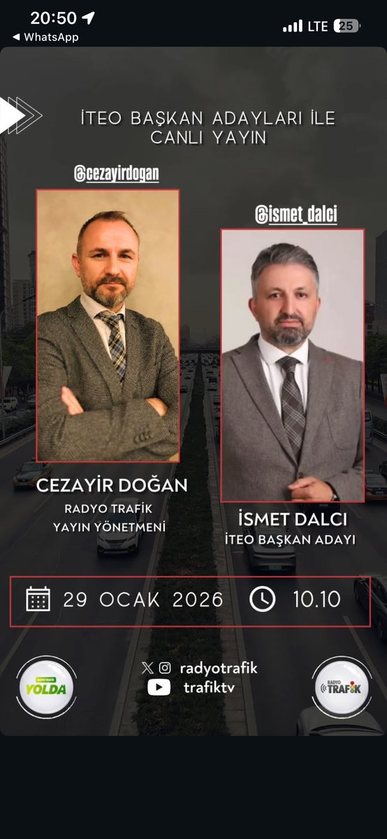 29.01.2026 Perşembe
Saat:10:00 Radyo Trafikte Canlı Yayınında Cezayir Doğan’ın Konuğu İstanbul Taksiciler Esnaf Odası Adayımız Sayın İsmet Dalcı Olacaktır 
Esnafımızın Katılımlarını Bekliyoruz 
<a href="/radyotrafik/">Radyo Trafik İstanbul 104.2</a> <a href="/cezayirdogan/">Cezayir Doğan</a> <a href="/ismetDALCI/">İsmet DALCI 🇹🇷</a>