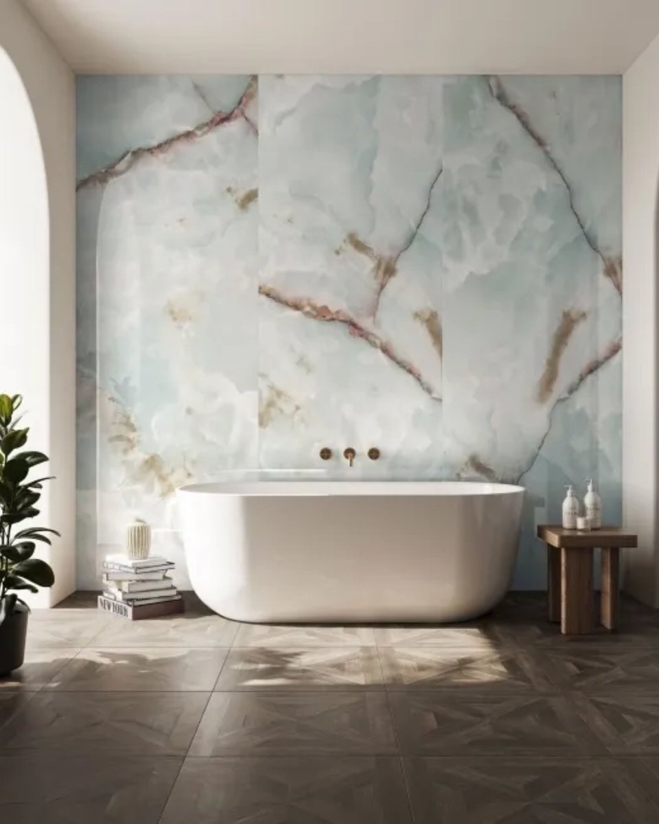 wallsandfloors's tweet photo. Cloudy, calm + effortlessly luxe 💭 

Our Trepanel Aqua PVC panels in Green Onyx serve up serious spa energy with a dreamy green base, soft neutral veining and a cloud-like onyx effect that feels as soothing as it looks ✨ 

Order a free sample: https://t.co/DhCvHCg3EW 

#marble https://t.co/uKgMzzP5b7