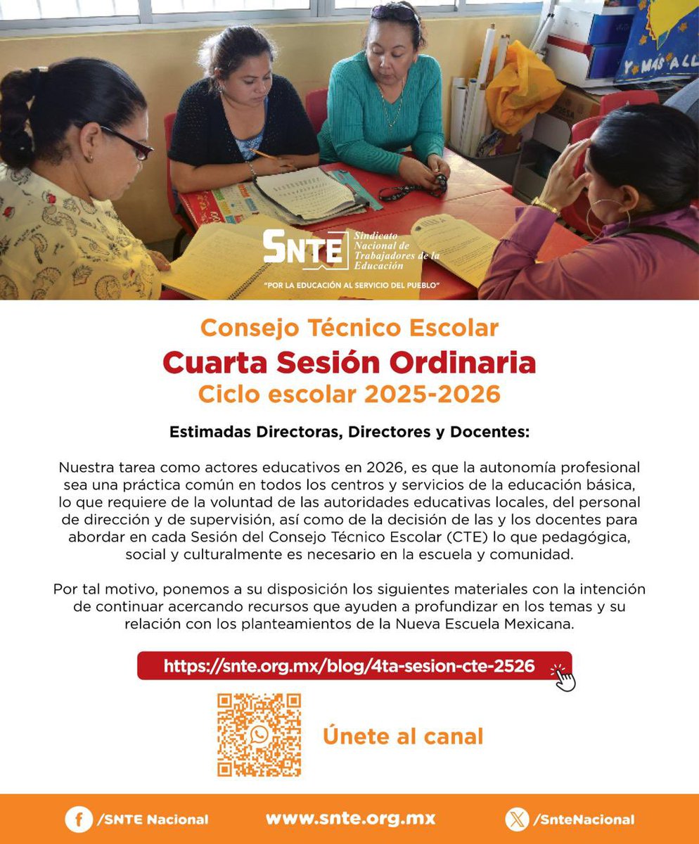 👩🏻‍🏫👨🏻‍🏫 En la 4ª Sesión Ordinaria del #CTE, el trabajo es fortalecer la autonomía profesional para mejorar la educación básica.🏫 Accede a recursos adicionales para profundizar en temas de la Nueva Escuela Mexicana 
👉snte.org.mx/blog/4ta-sesio…
