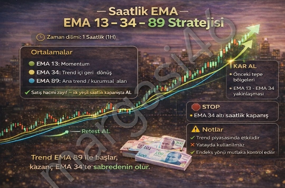 Saatlik EMA 13 – 34 – 89 Stratejisi
Yatay piyasada değil, trend piyasasında kullanılır.
📍 Endeks yönü mutlaka kontrol edilmelidir.