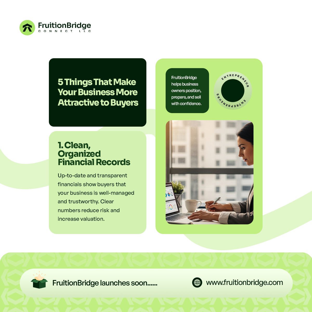 FruitionBridge's tweet photo. 1. Clean, Organized Financial Records

Up-to-date and transparent financials show buyers that your business is well-managed and trustworthy. Clear numbers reduce risk and increase valuation.

Join our wait-list today.
https://t.co/RoQSeKjVQ0

#invest #business #fruitionbridge https://t.co/5L0jiOLUvu