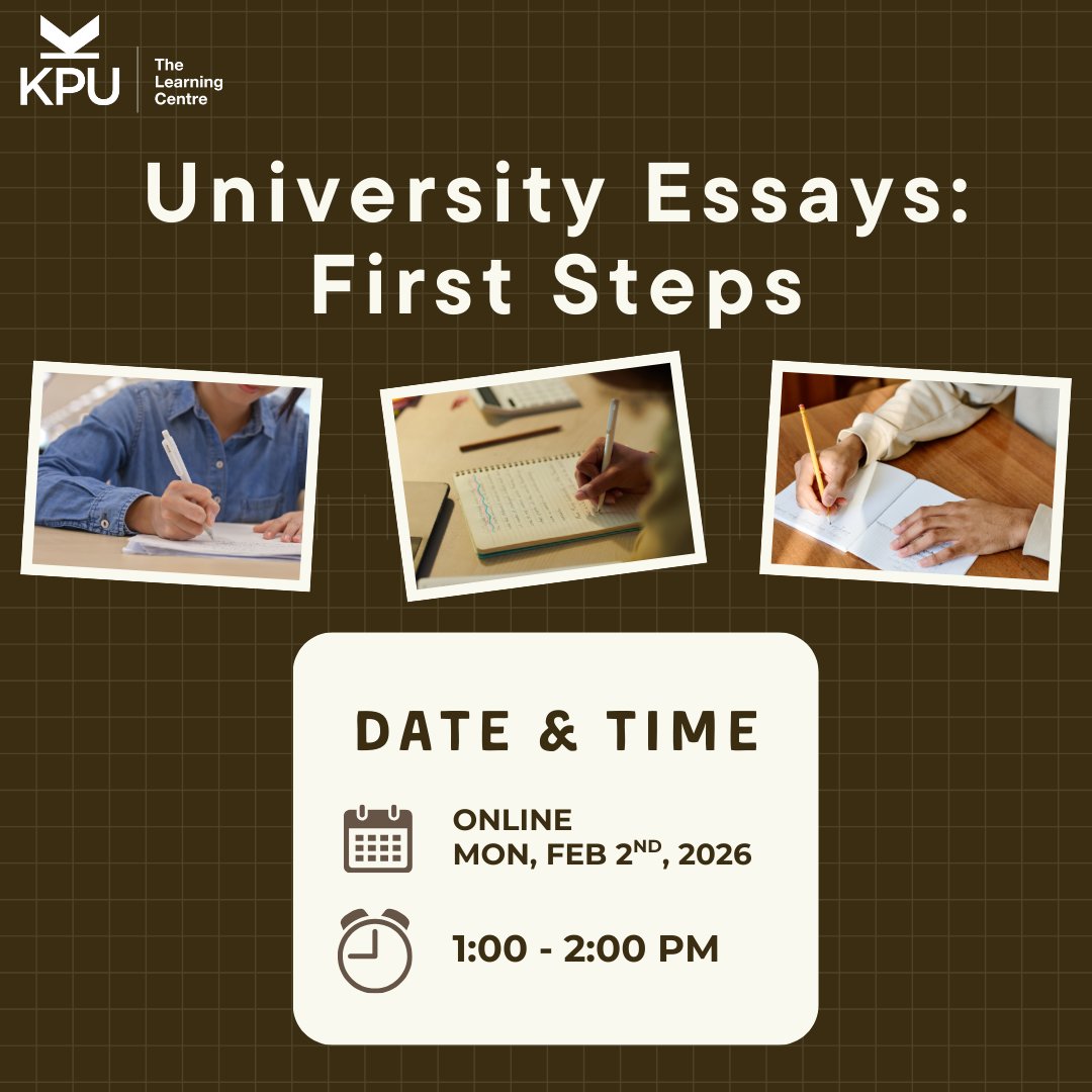 Are you ready to write your first university essays?
This workshop will introduce the requirements and expectations for university-level writing as well as effective strategies and resources to help the writing process. 
Register: kpu.ca/learningcentre…