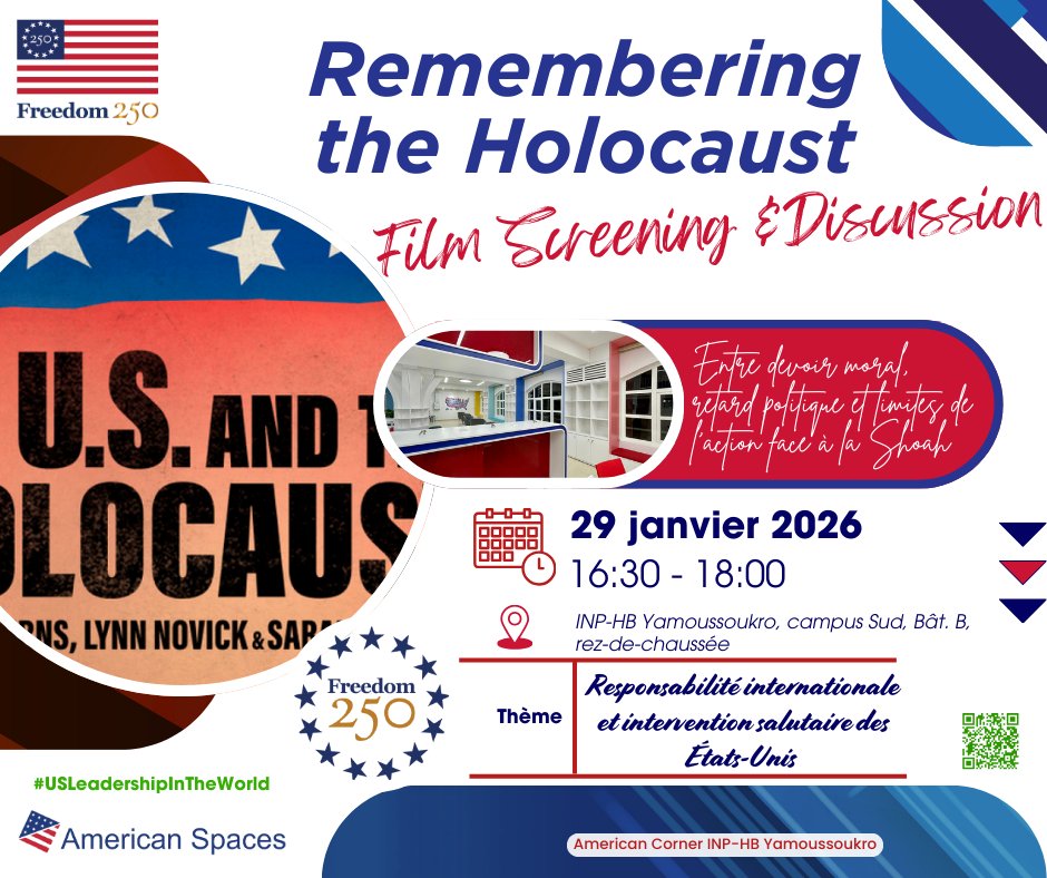 AmCorner_INPHB's tweet photo. 🕯️ Se souvenir pour comprendre. Comprendre pour agir.
🎬 "The U.S. and the Holocaust" - Invitation spéciale à la projection-débat.
📅 29 janvier 2026
⏰ 16h30 – 18h00
📍@inphbpolytech, campus Sud.
infoline : https://t.co/gXyV9hmU1V
@AmericanSpaces #HolocaustRemembranceDay 🇨🇮🫶🇺🇸 https://t.co/KnsAqD0jGY