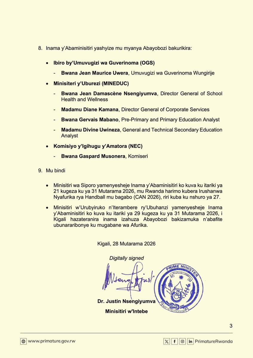 Itangazo ry'Ibyemezo by'Inama y'Abaminisitiri yo ku wa 28 Mutarama 2026