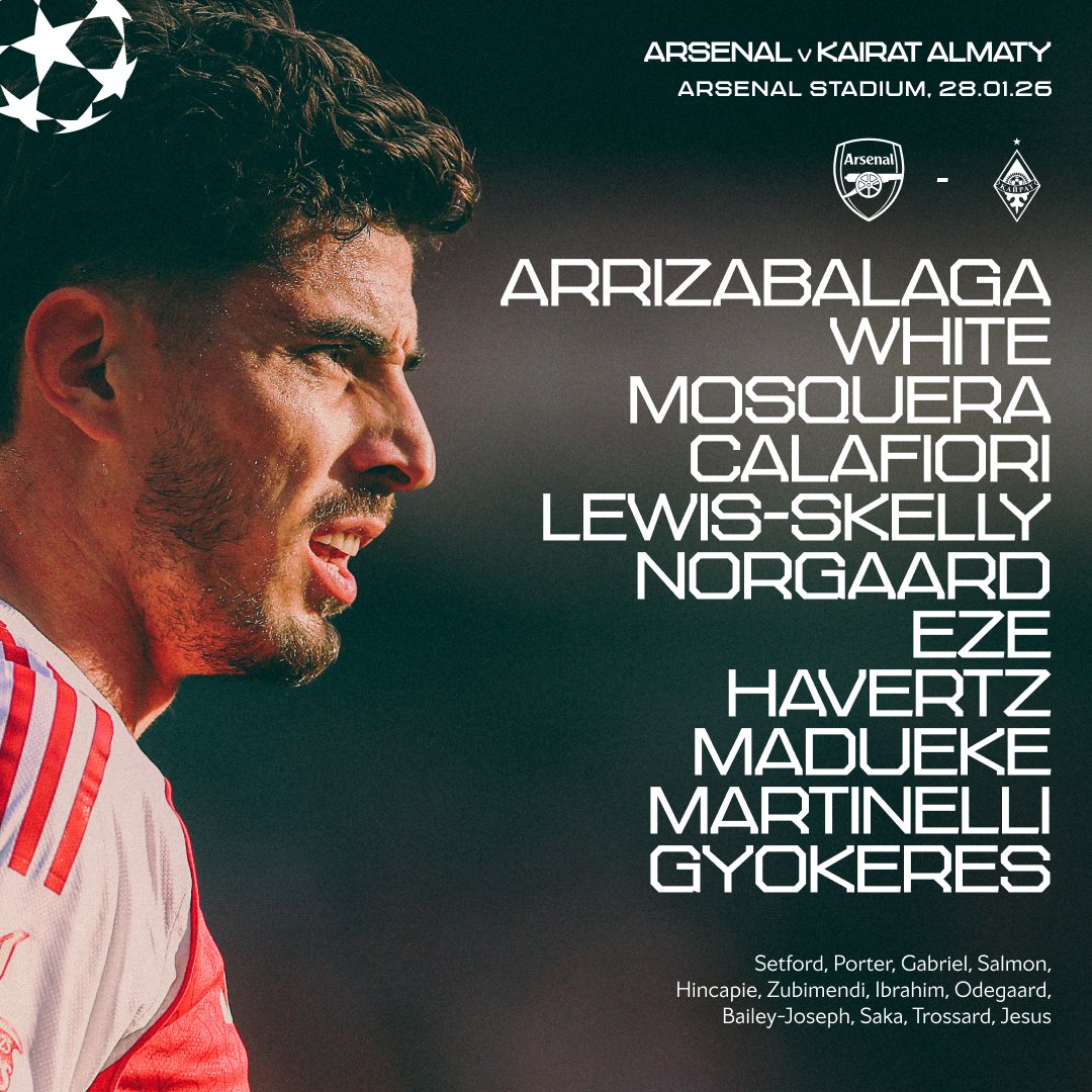 Arsenal's tweet photo. 🔴 𝗧𝗘𝗔𝗠𝙉𝙀𝙒𝙎 ⚪️

©️ White skippers the side
🔙 Calafiori returns to the team
💪 Havertz starts in midfield 

Let's finish the league phase strongly, Gunners 👊