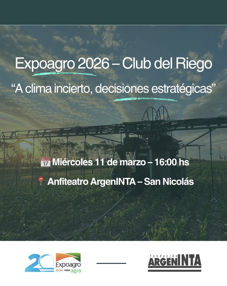 El Club del Riego llega a <a href="/Expoagrocom/">Expoagro</a> 2026. Con sede en el Anfiteatro ArgenINTA, reunirá a referentes del sector para debatir estrategias frente a un escenario climático cada vez más desafiante, en el predio ferial y autódromo de San Nicolás

Más info 👉 expoagro.com.ar/el-club-del-ri…